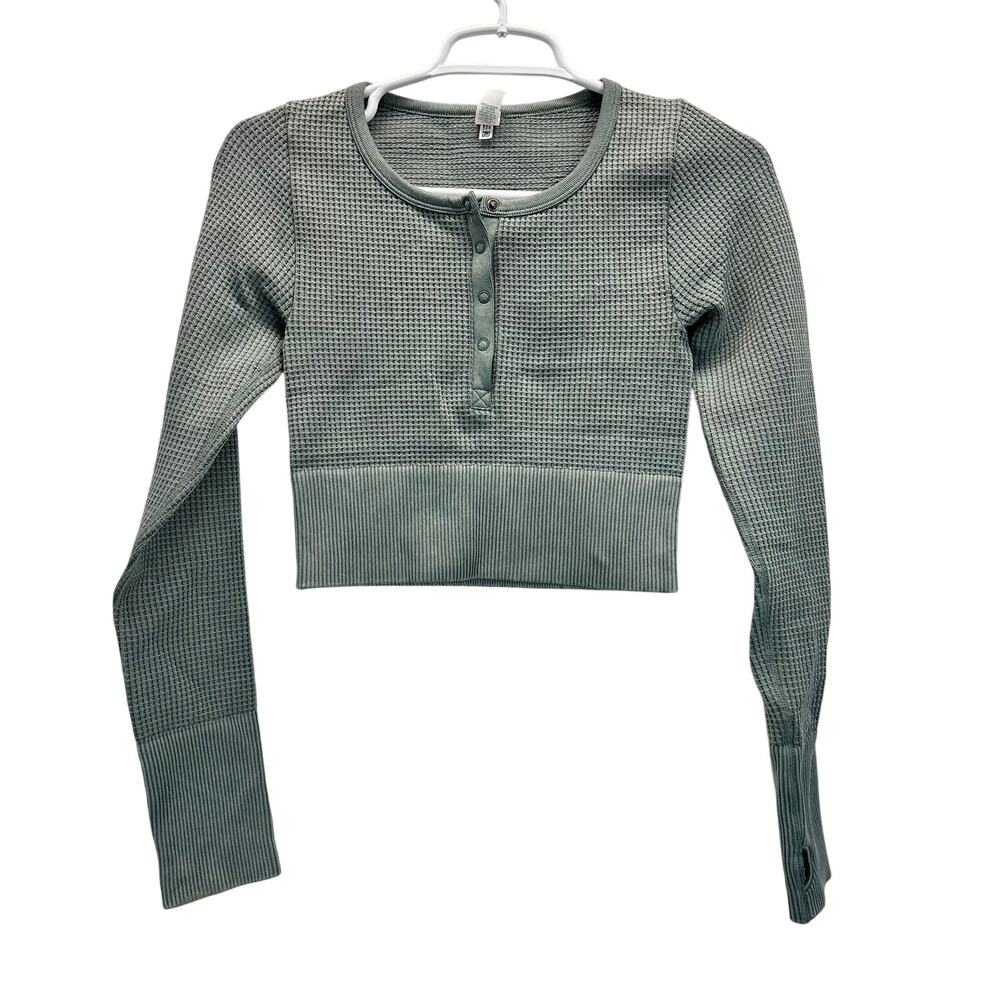 Aerie Main Squeeze Crop Thermal Henley Long Sleeve Seamless Green XS